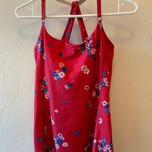 Red tank top with blue and white flowers